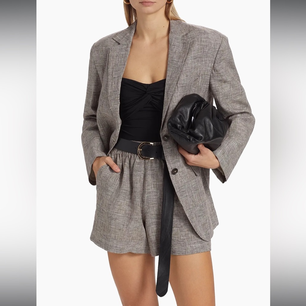 NEW Anine Bing Quinn Blazer in Brown Plaid NWT Size Large 100% Linen Two Button